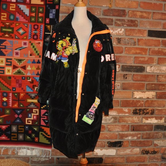 Black Silky Velvet Puffer Long Coat Sequin Pikachu Elmo DREAM "Don't Give Up" M - Picture 14 of 15